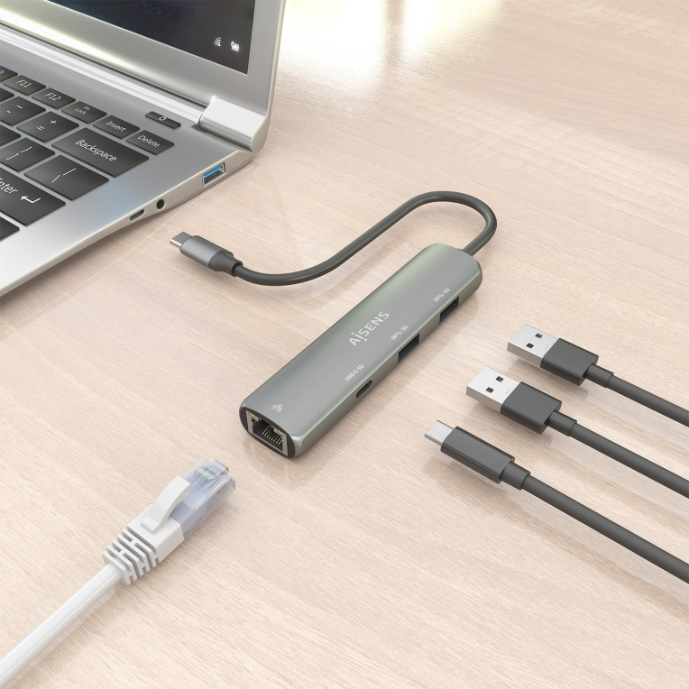 DOCK AISENS USB-C A ETHERNET GIGABIT HUB 1XUSB-C+2XUSB-A GRIS 15CM - detalle