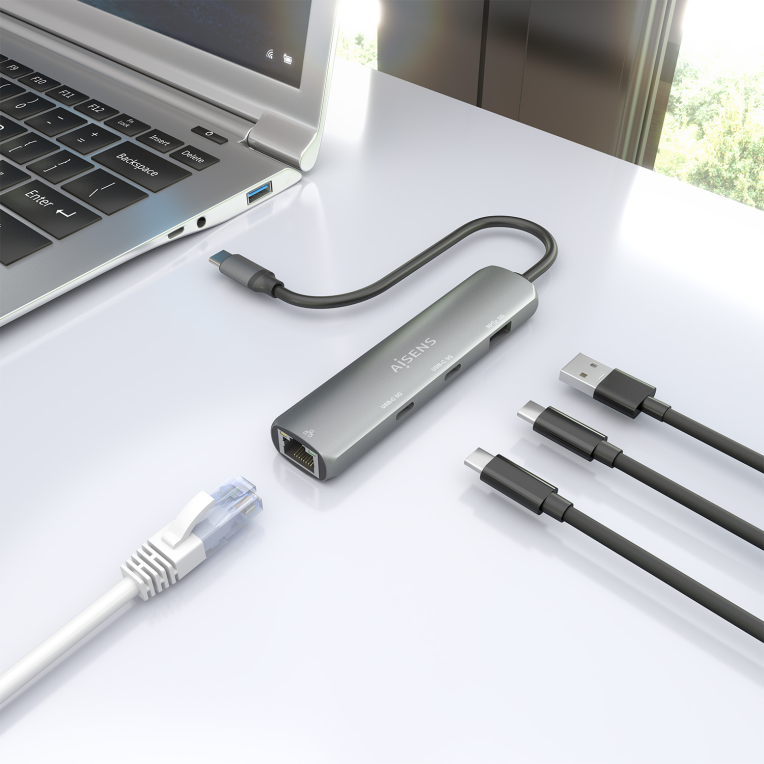 DOCK AISENS USB-C A ETHERNET GIGABIT HUB 2XUSB-C+1XUSB-A GRIS 15CM - detalle