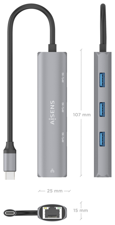 DOCK AISENS USB-C A ETHERNET GIGABIT HUB 3XUSB-A GRIS 15CM - detalle