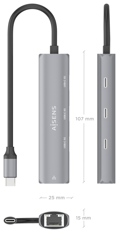 DOCK AISENS USB-C A ETHERNET GIGABIT HUB 3XUSB-C GRIS 15CM - detalle