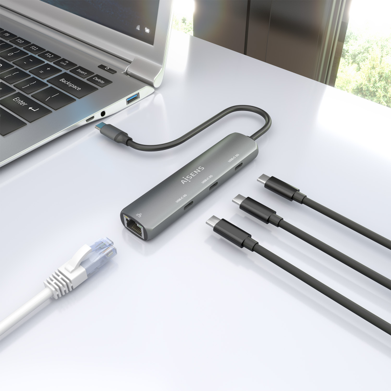 DOCK AISENS USB-C A ETHERNET GIGABIT HUB 3XUSB-C GRIS 15CM - detalle