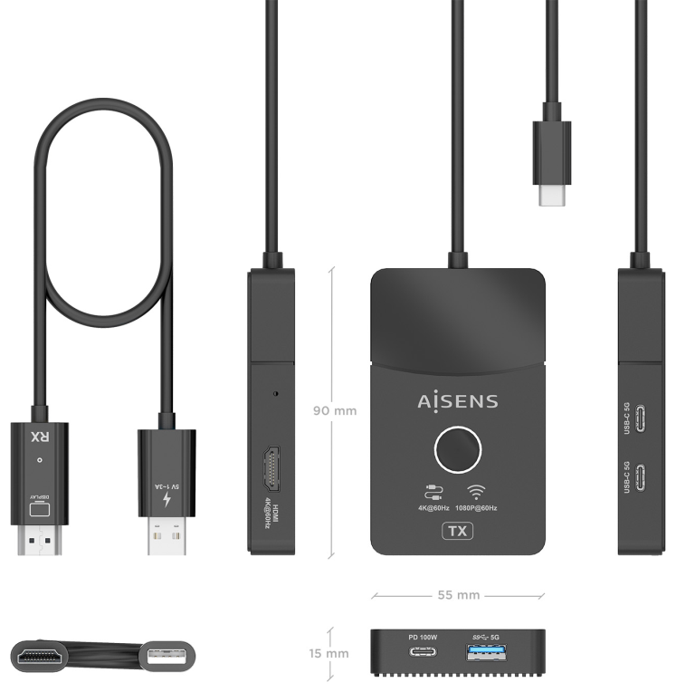 DOCKING AISENS USB-C A HDMI 1080P60HZ INALAMBRICO HDMI 4K60HZ 2USB-C USB PD 100W - detalle