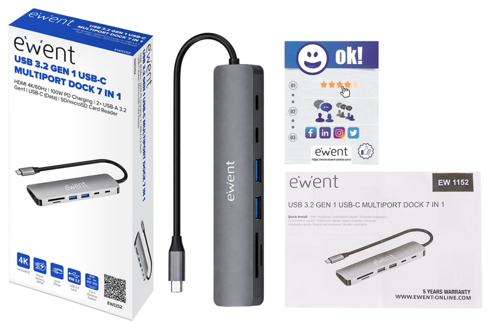 DOCKING EWENT EW1152 USB-C 7EN1 HDMI USB-C 2XUSB-A LECTOR SD MICROSD - detalle