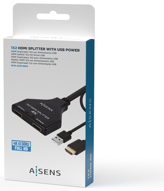 DUPLICADOR AISENS HDMI 4K30HZ 1X2 CON ALIMENTACION USB 30CM - detalle