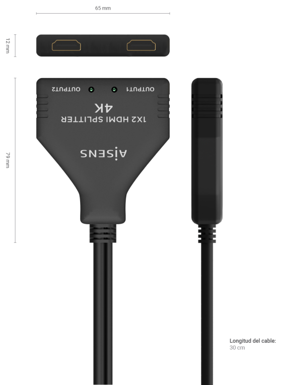 DUPLICADOR AISENS HDMI 4K30HZ 1X2 CON ALIMENTACION USB 30CM - detalle