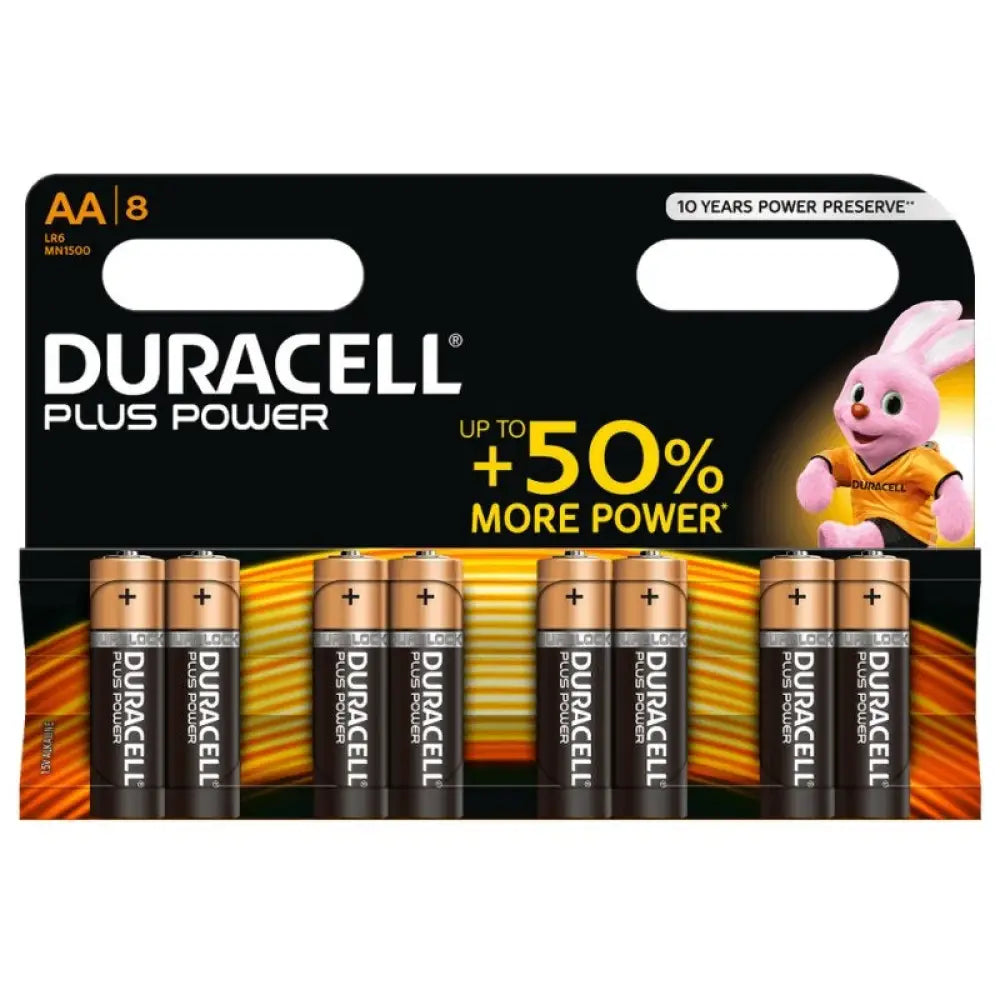 Pilas alcalinas Duracell Plus Power AA LR6 en blíster de 8 unidades, energizan dispositivos con fiabilidad y larga duración.