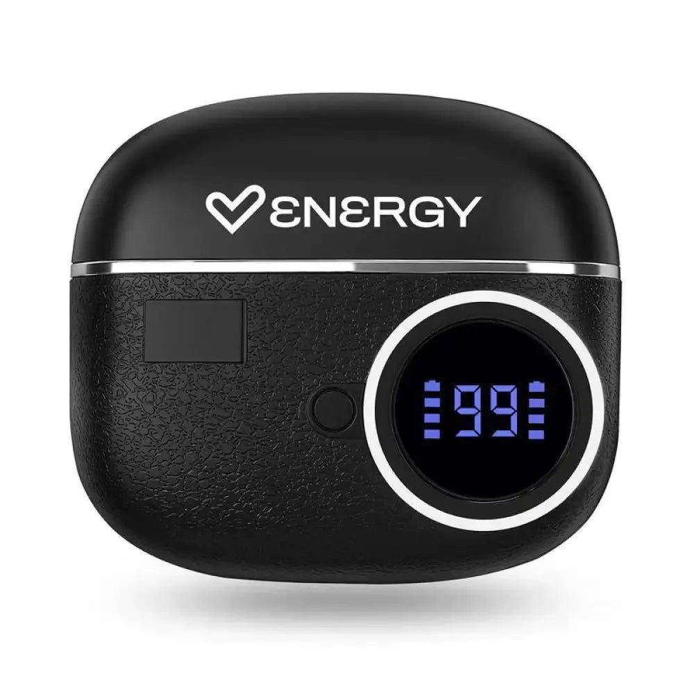 Auriculares TWS con micrófono Energy Sistem Chargeview, diseño compacto y elegante, visibles en la imagen con estuche de carga.