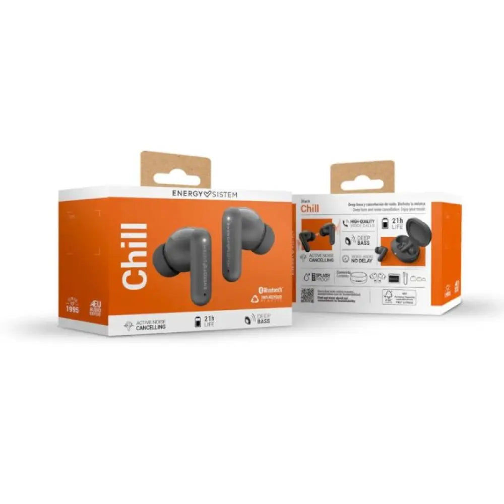 Auriculares Energy Sistem Chill ANC negros con micrófono, diseño compacto y cómodo para música y llamadas.