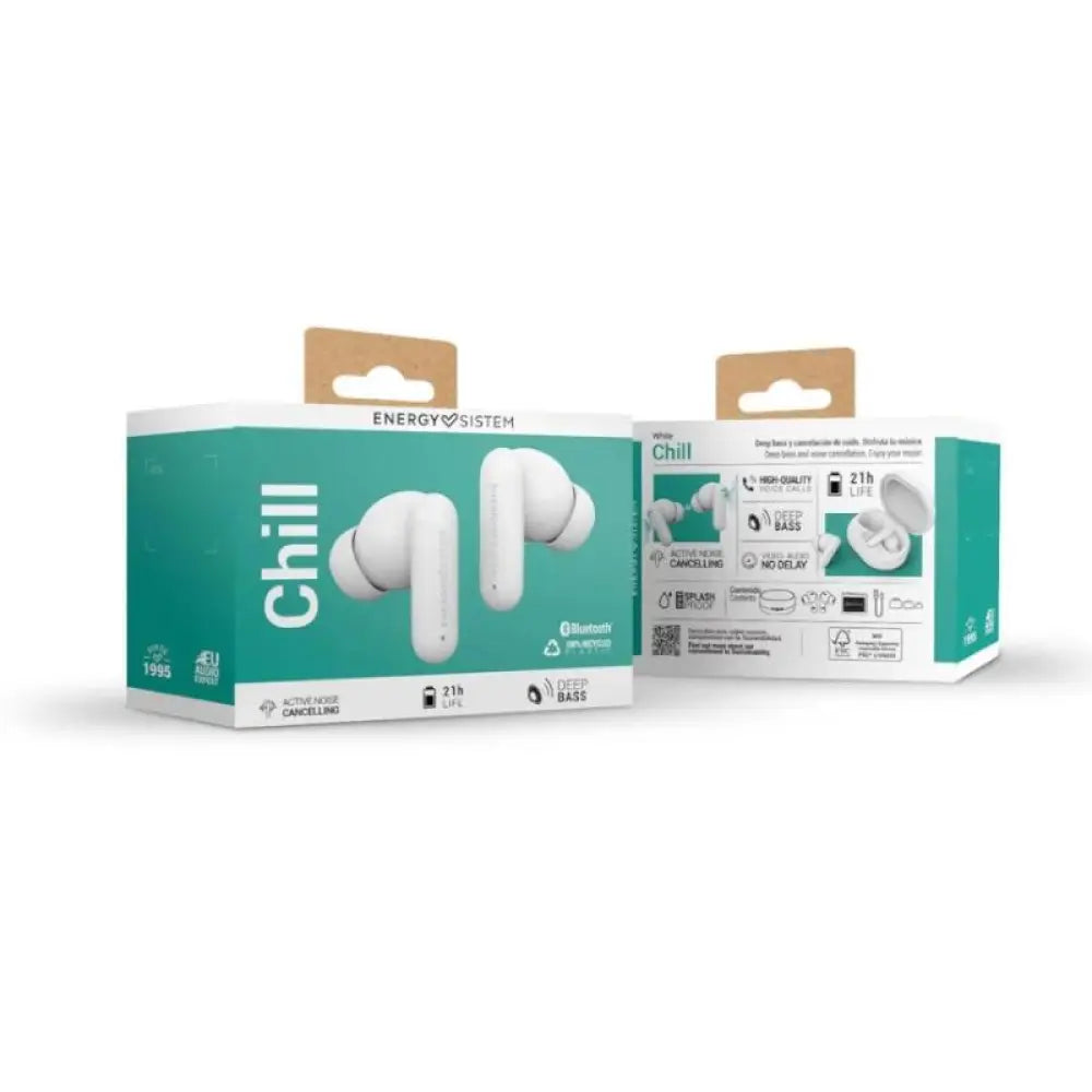 Auriculares Energy Sistem Chill ANC blancos con micrófono, diseño cómodo y cancelación de ruido para escuchar y hablar con claridad.