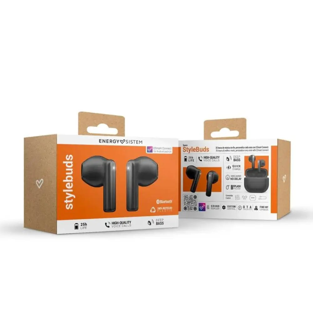 Auriculares Energy Sistem StyleBuds True W con micrófono, diseño compacto y cable en color negro para audio y llamadas.