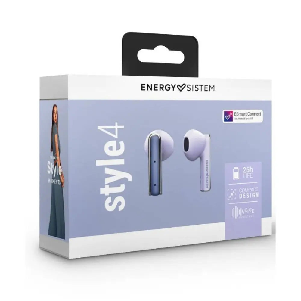 Auriculares Energy Sistem TW Style 4 violeta con micrófono, diseño cómodo y color vibrante para escuchar música y llamadas.