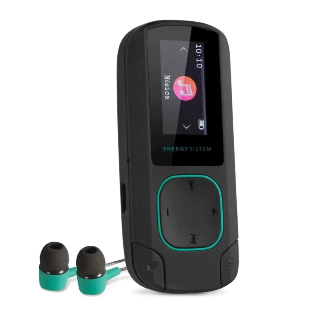 Reproductor Bluetooth Energy Sistem MP3, MP4 y MP5 en color jade con clip, pantalla y controles.