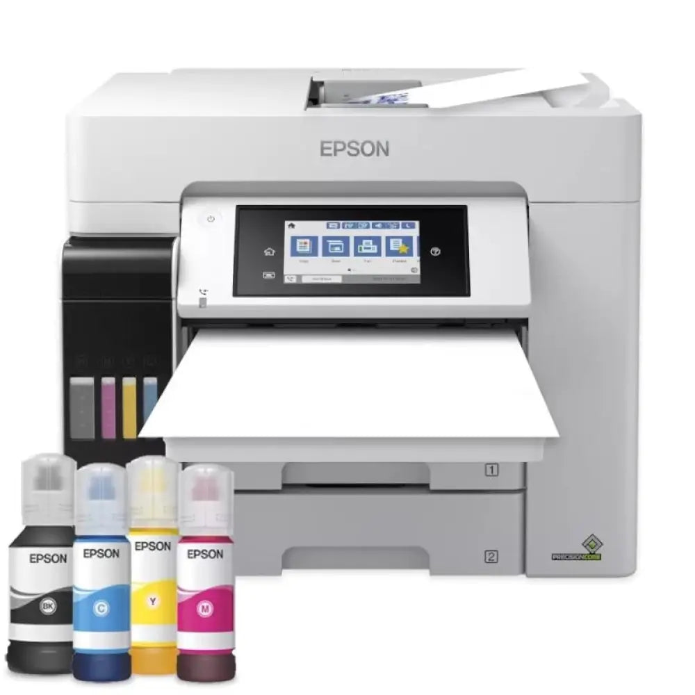 Impresora multifunción Epson EcoTank ET-5885 con función de inyección y fax, mostrando el panel y bandeja de papel.