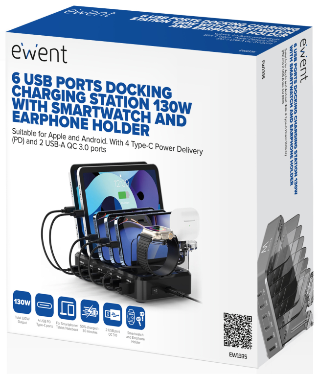 ESTACION CARGA EWENT EW1335 USB-C+USB-A 130W 6 DISPOSITIVOS - detalle