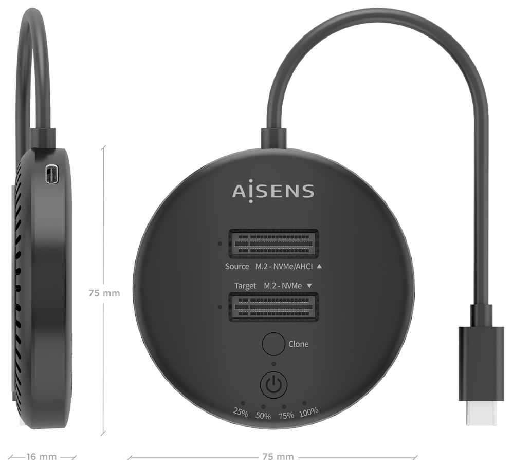 ESTACION DOCKING AISENS DOBLE BAHIA NVME USB 3.2 GEN2X2 CLONE NEGRO - detalle