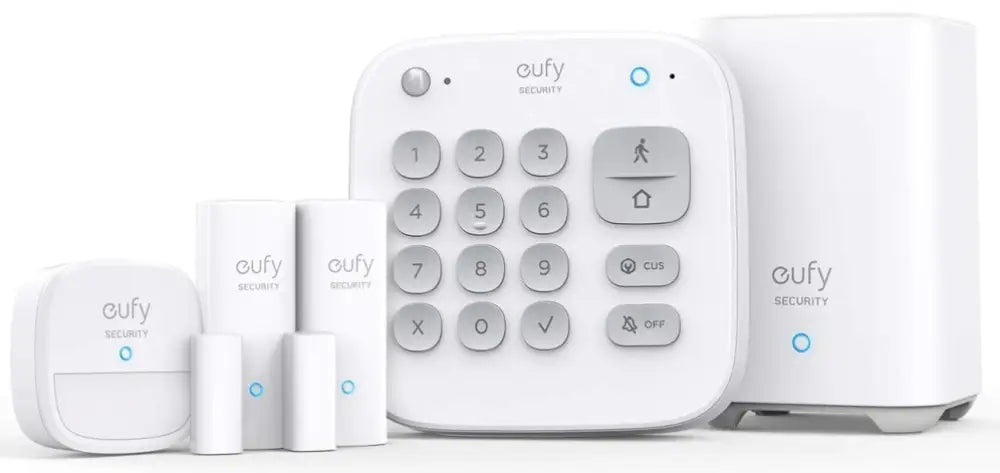 Sistema de seguridad inteligente Eufy con cámaras, sensores, cerradura y alarma para protección del hogar.