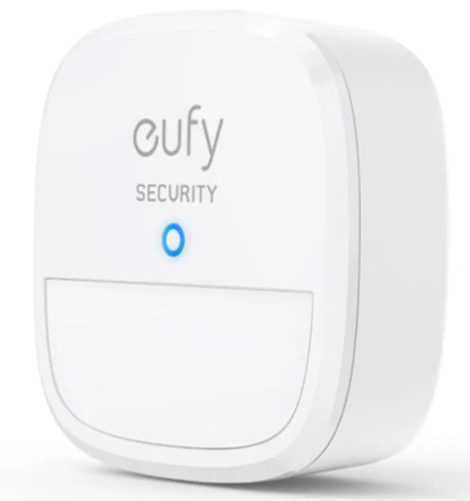 Sensor de movimiento Eufy con detección de 100° y alcance de 9m, batería de 2 años y sensibilidad ajustable para sistema de seguridad.