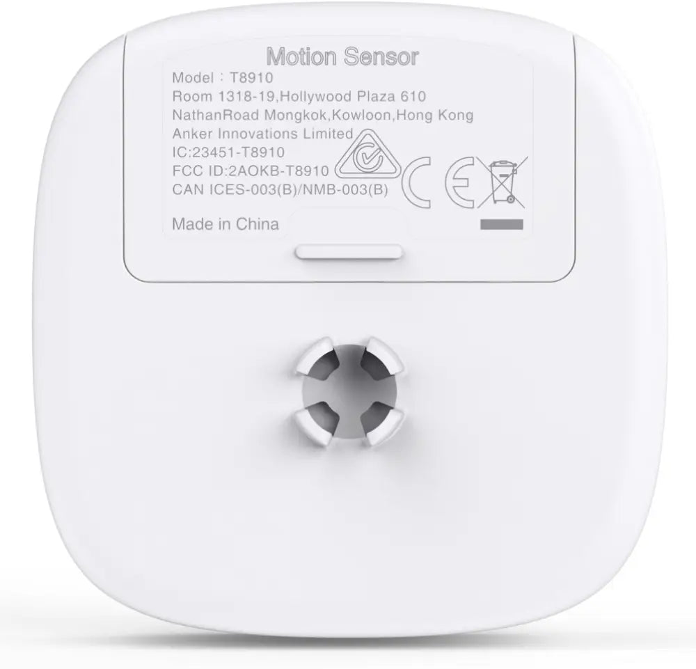 Sensor de movimiento Eufy para sistema de alarma, con alcance de 9m y campo de visión de 100°, detecta movimiento en interiores.