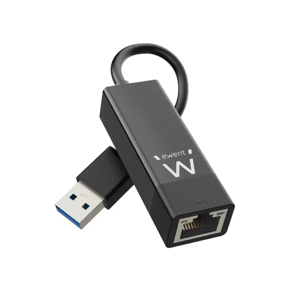 Adaptador de red gigabit EWENT con conexión USB 3.2 Gen 1 para red cableada, visible en el cable y puerto USB.