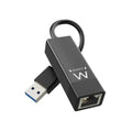 Adaptador de red gigabit EWENT con conexión USB 3.2 Gen 1 para red cableada, visible en el cable y puerto USB.