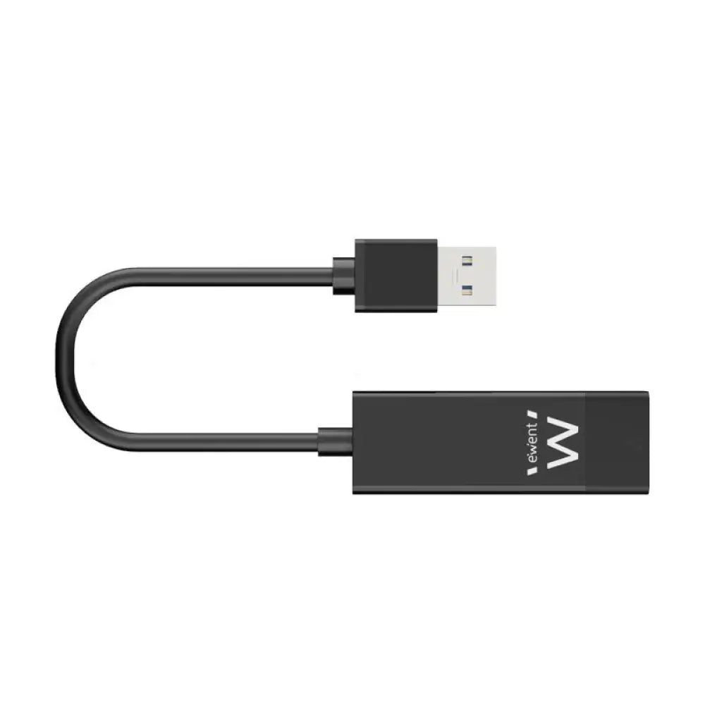 Adaptador de red Gigabit EWENT USB 3.2 Gen 1 para conexión cableada con puerto USB en una superficie blanca.
