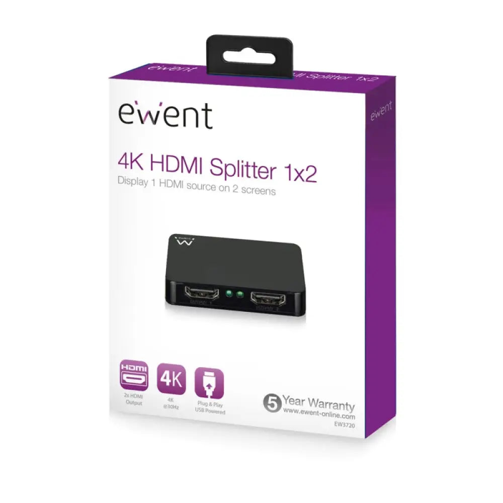 Divisor HDMI 4K de alta velocidad EWENT con 1 entrada y 2 salidas para cables y accesorios PC.