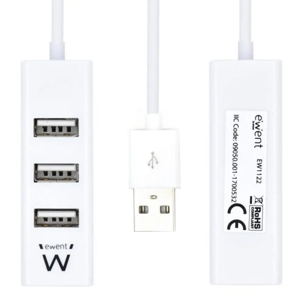Hub USB EWENT EW1122 mini con 4 puertos en color blanco, dispositivo compacto para conexión de múltiples dispositivos USB.