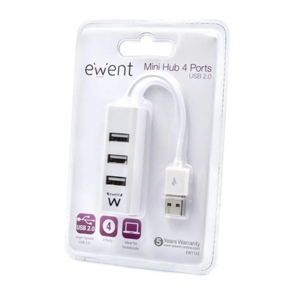 Hub USB EWENT EW1122 de 4 puertos en color blanco, dispositivo compacto para conectar múltiples dispositivos USB.