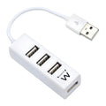 Mini-hub USB EWENT EW1122 con 4 puertos en color blanco, dispositivo compacto para conectar múltiples periféricos.