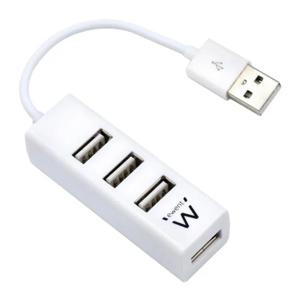 Mini-hub USB EWENT EW1122 con 4 puertos en color blanco, dispositivo compacto para conectar múltiples periféricos.