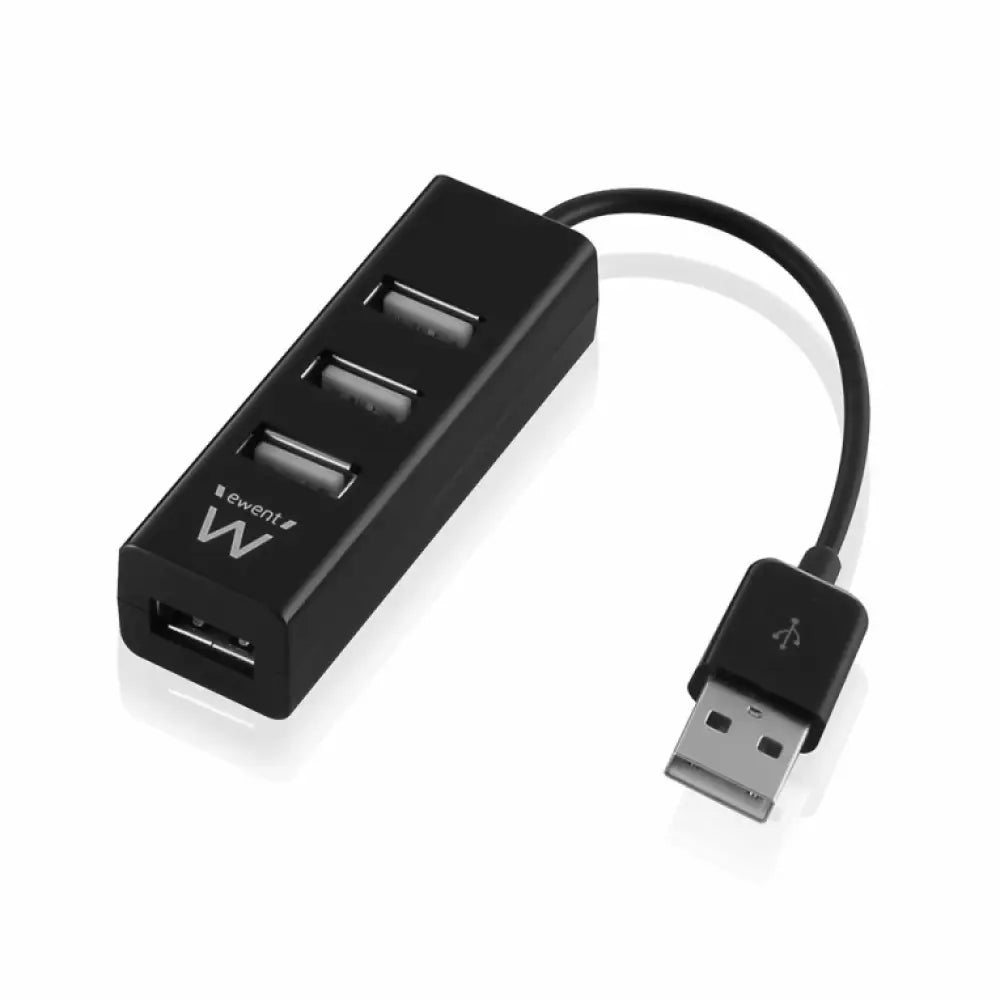 Hub USB EWENT EW1123 negro con interfaz USB 2.0 y velocidad de 480 Mbit/s, conectado a múltiples dispositivos.