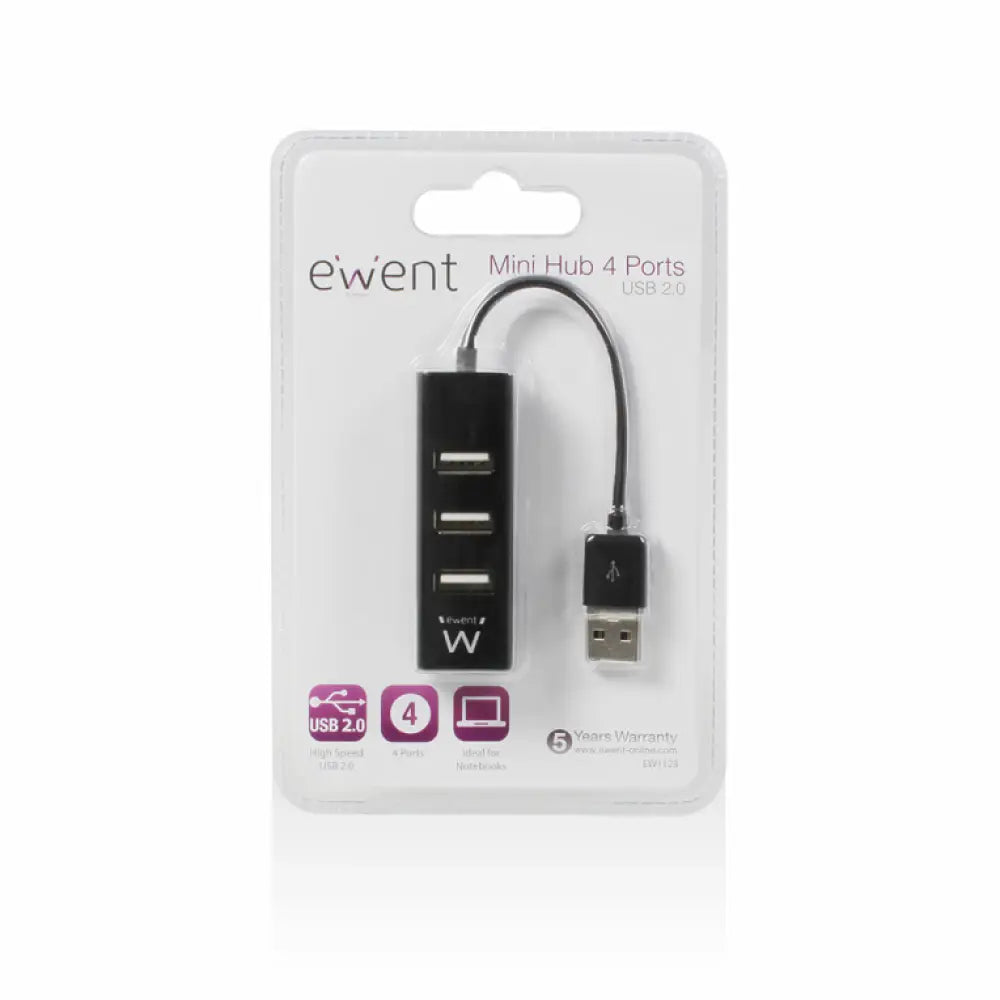 Hub USB EWENT EW1123 negro con varias conexiones USB 2.0 y diseño compacto para transferencia de datos rápida.