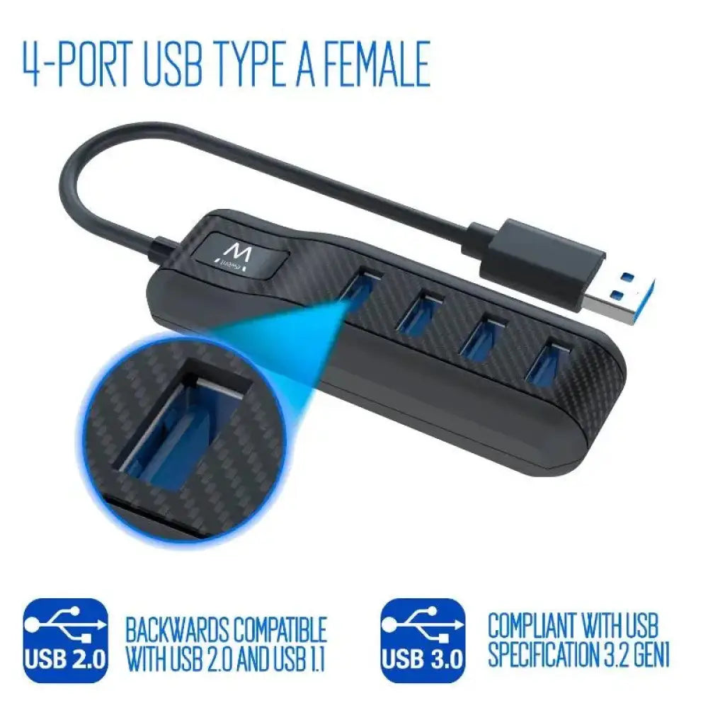 Hub USB EWENT EW1138 con 4 puertos USB 3.1 Gen1 para conectar dispositivos USB 3.0 y 3.1 en una computadora.