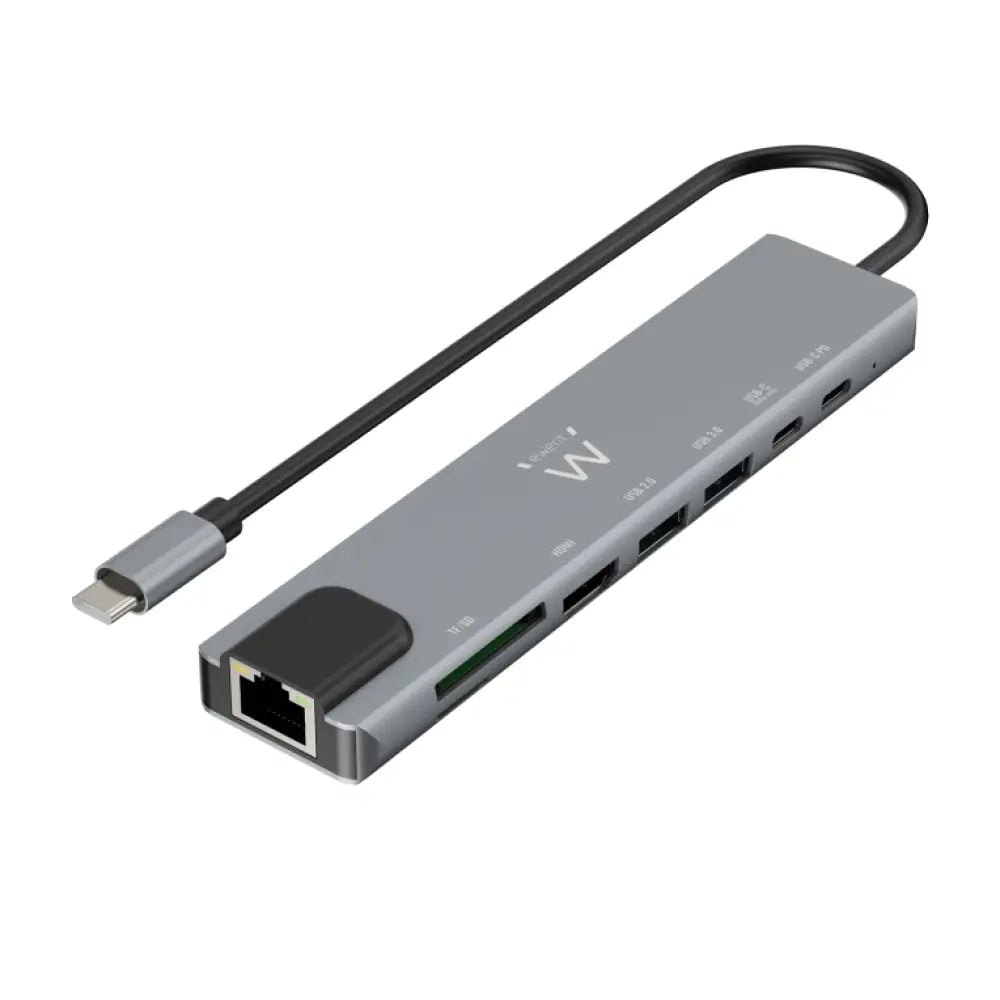 Base para portátil EWENT EW1146 con replicador de puertos USB 3.2 Gen 1, tipo C, en color gris, para ampliar conexiones en laptops.