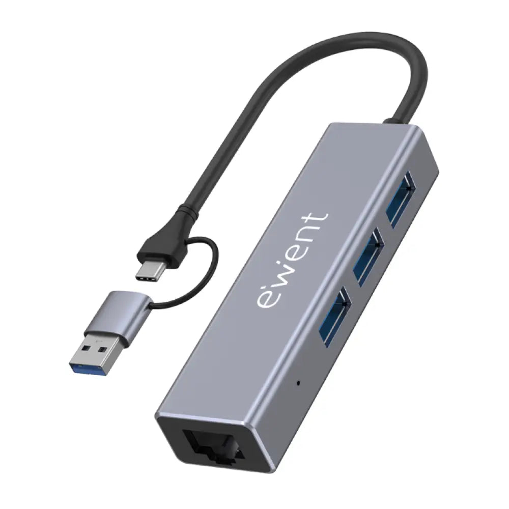 Hub USB EWENT EW1159 en gris con puertos Type-A y Type-C, velocidad de 5000 Mbit/s, interfaz USB 3.2 Gen 1.