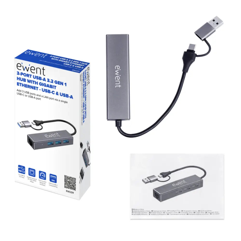 Hub USB EWENT EW1159 en color gris con puertos Type-A y Type-C, velocidad de 5000 Mbit/s, interfaz USB 3.2 Gen 1