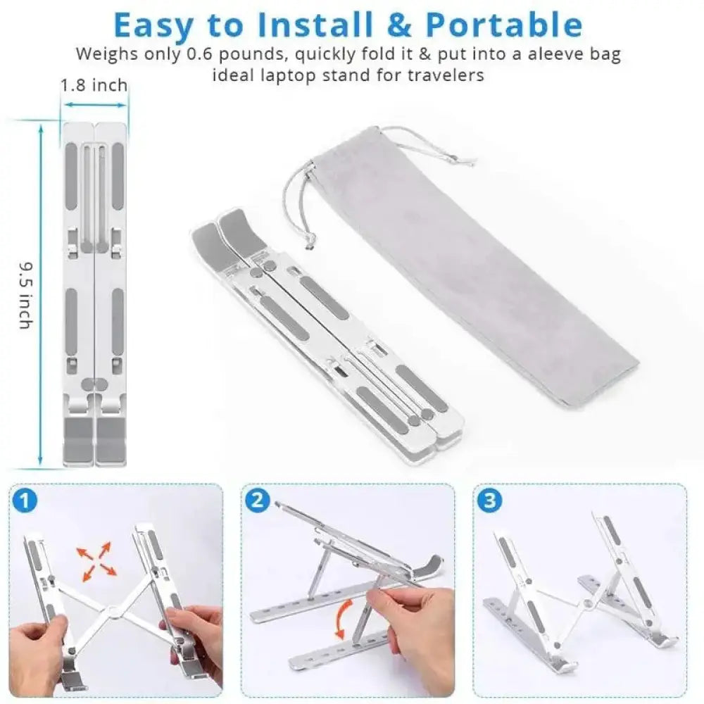 Soporte portátil de viaje EWENT EW1266 de aluminio, ajustable y compacto, ideal para laptops y dispositivos electrónicos.