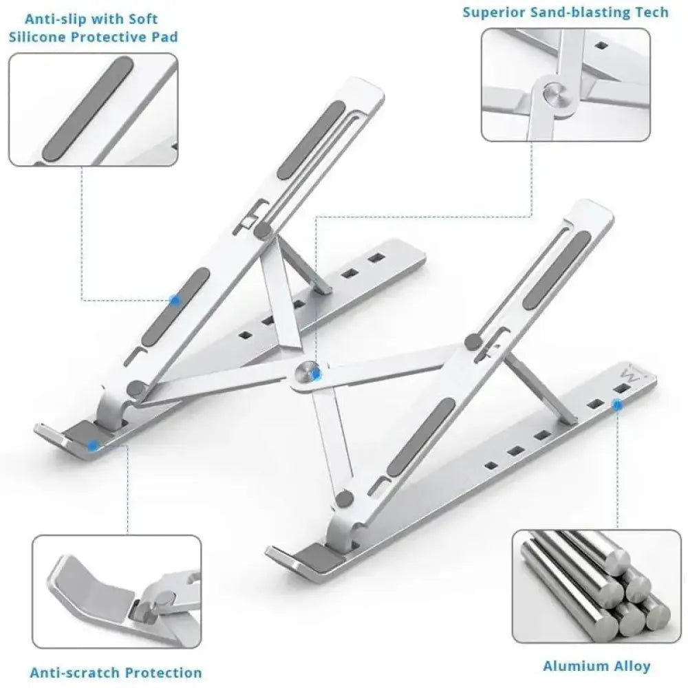 Soporte para portátil de viaje EWENT EW1266 en aluminio, ajustable y portátil para uso en movilidad.