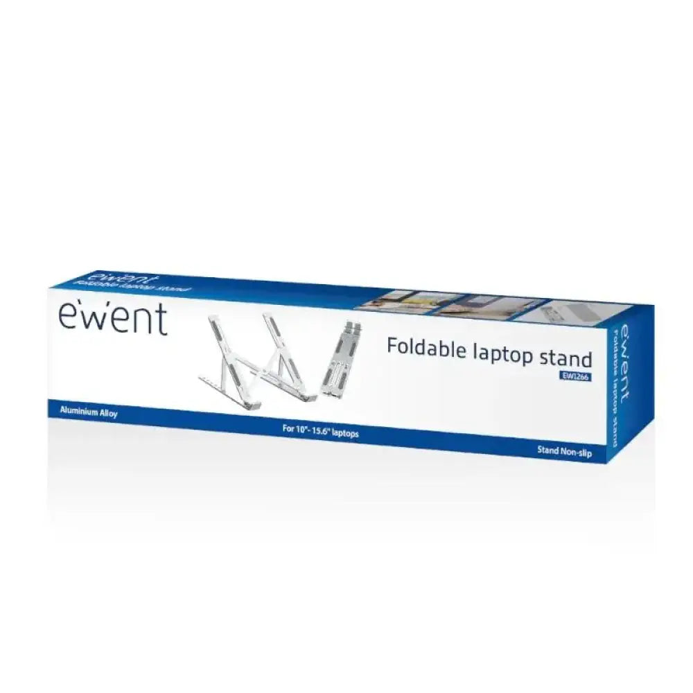 Soporte para portátil de viaje EWENT EW1266 de aluminio, ajustable y ligero para facilitar su transporte y uso en movimiento.