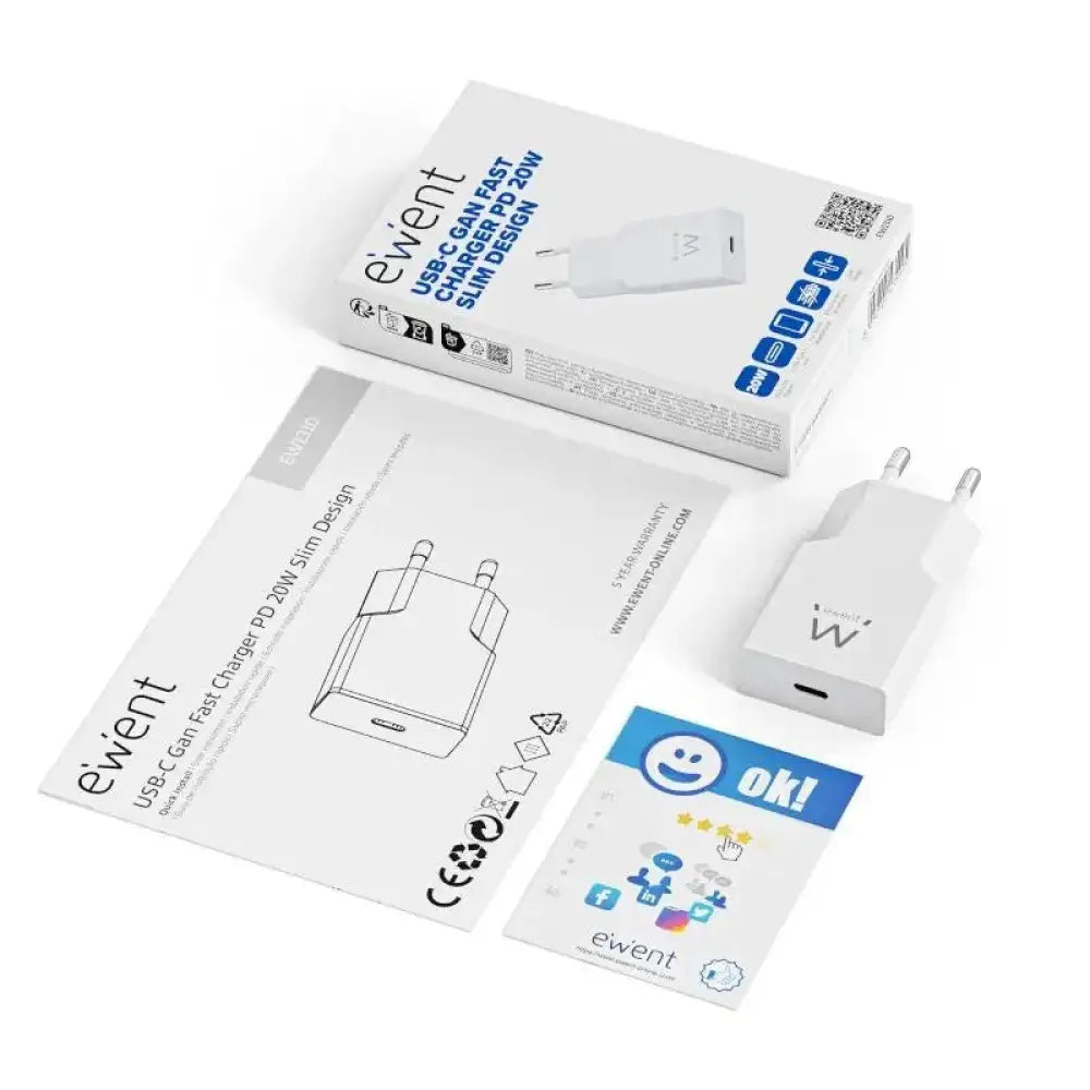EWENT EW1310 Cargador rápido USB-C 20W Tec.Ganfast - detalle