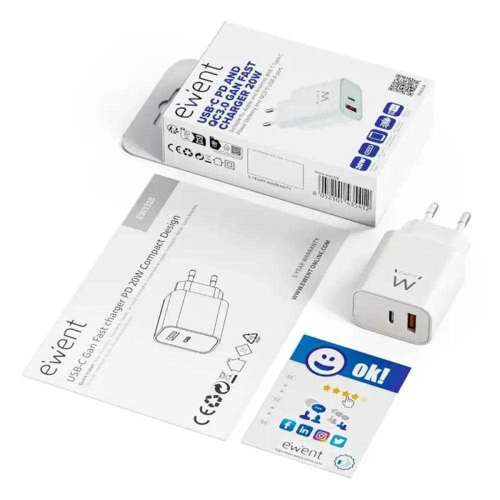 EWENT EW1318 Cargador rápido USB-C PD 20W USB-A QC - detalle