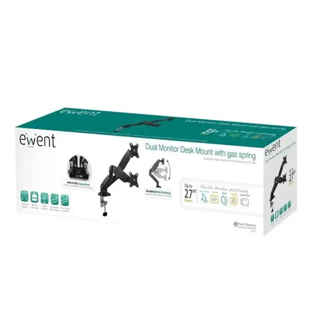 Soporte para televisión EWENT EW1516, mesa de gas para monitores de 27-34 pulgadas, con puerto USB y micrófono integrado.