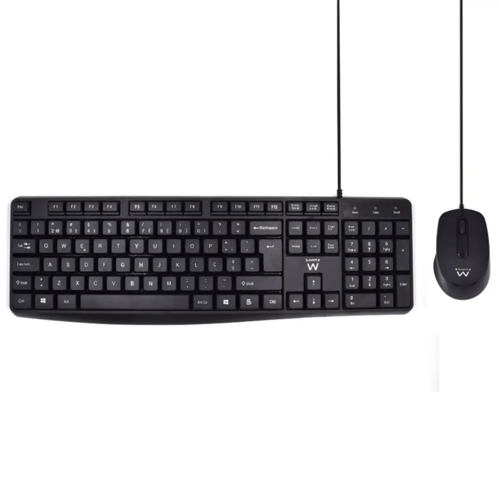 Teclado y ratón EWENT EW3007 en color negro, teclado USB QWERTY portugués para oficina, con diseño ergonómico.