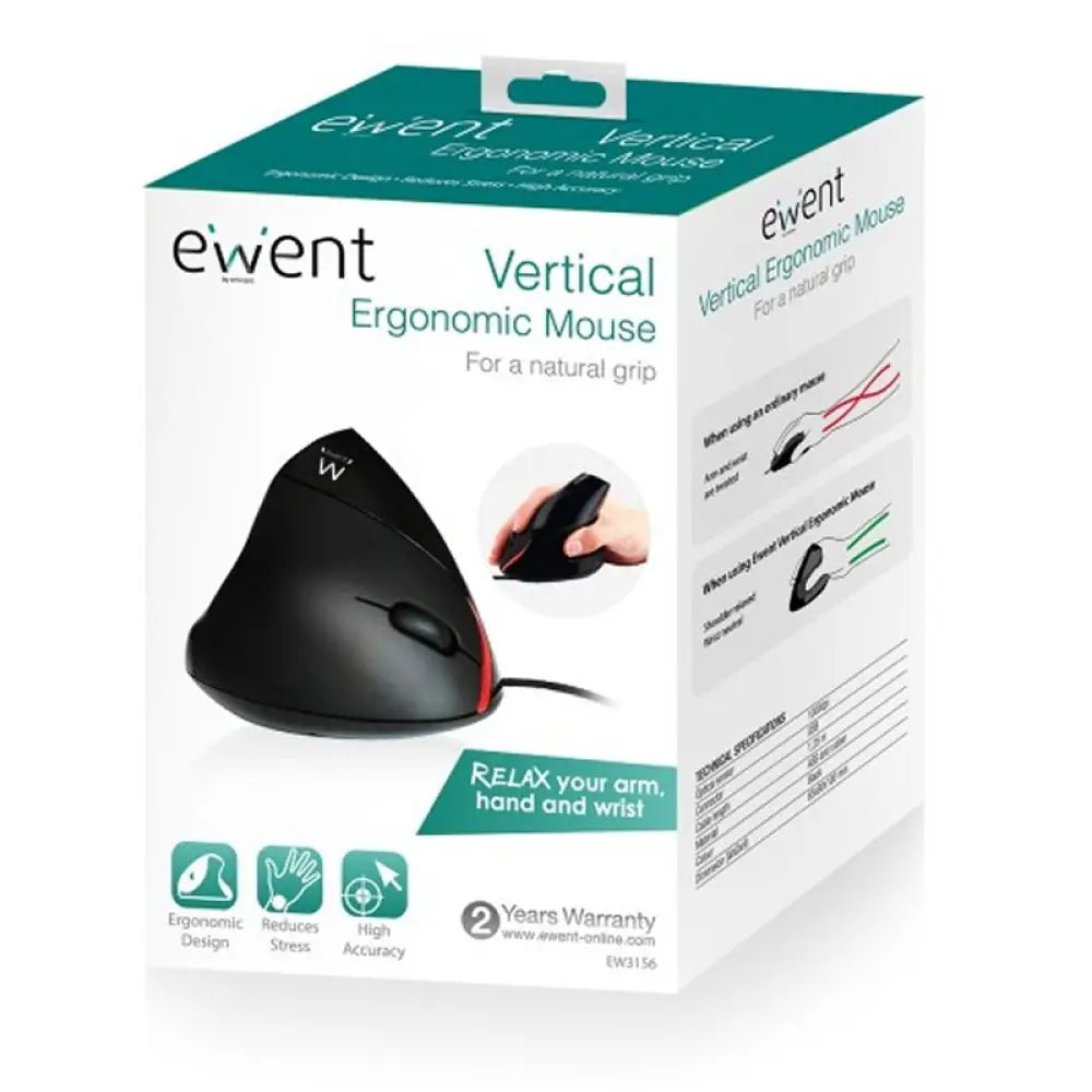 Ratón ergonómico con cable EWENT EW3156 en color negro, vista frontal mostrando diseño cómodo y con cable USB.