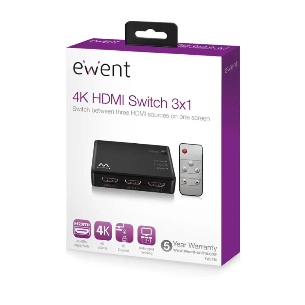 Interruptor de vídeo HDMI EWENT EW3730 con múltiples puertos para cambiar entre dispositivos de video.