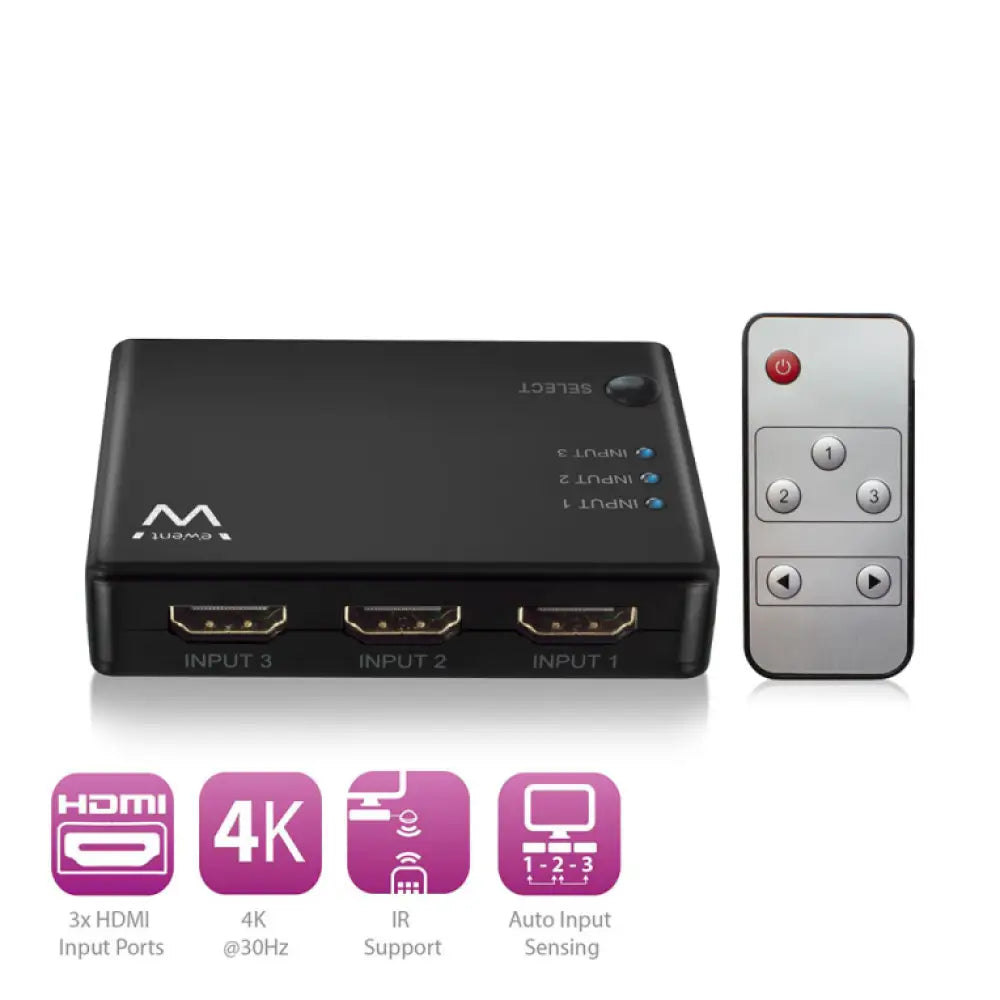 Interruptor de video HDMI Ewent EW3730 con varios puertos para cambiar entre dispositivos de video.