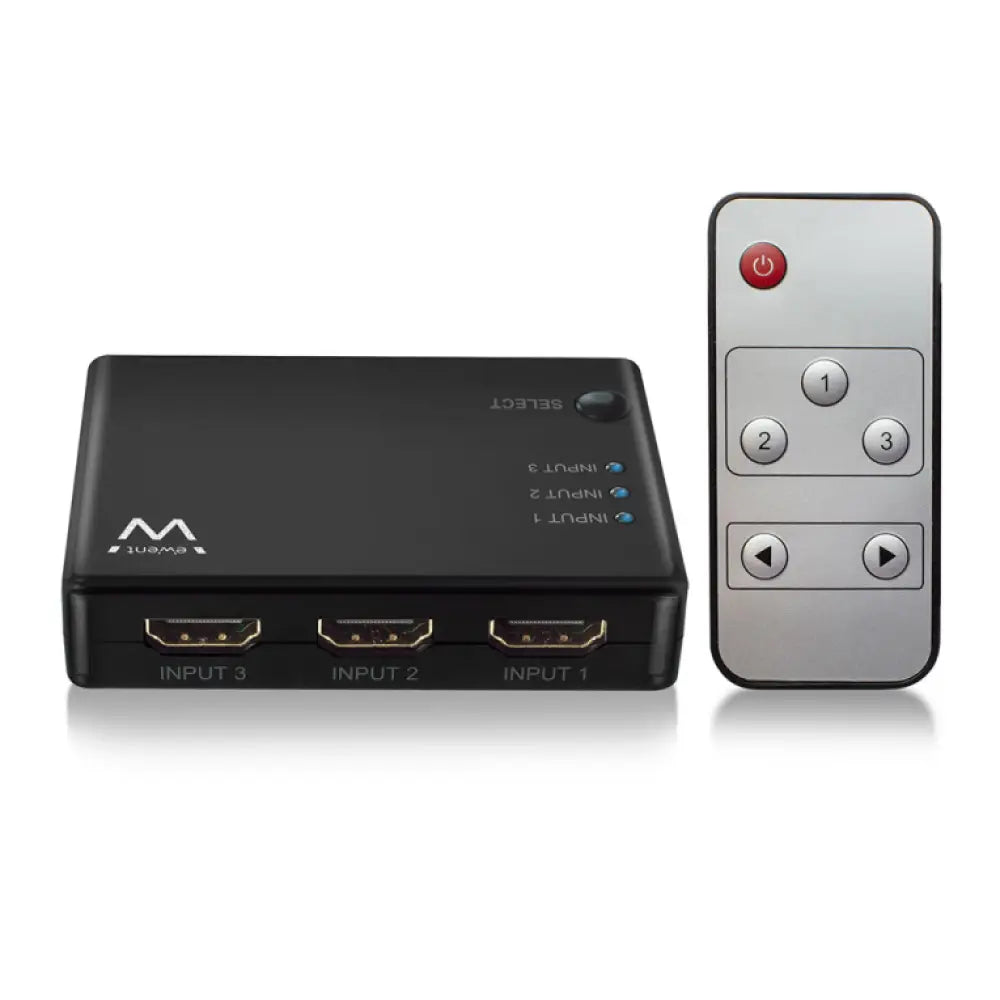 Conmutador HDMI EWENT EW3730 con 3 puertos, resolución 4K a 30Hz y control remoto para cambiar entre dispositivos de video.