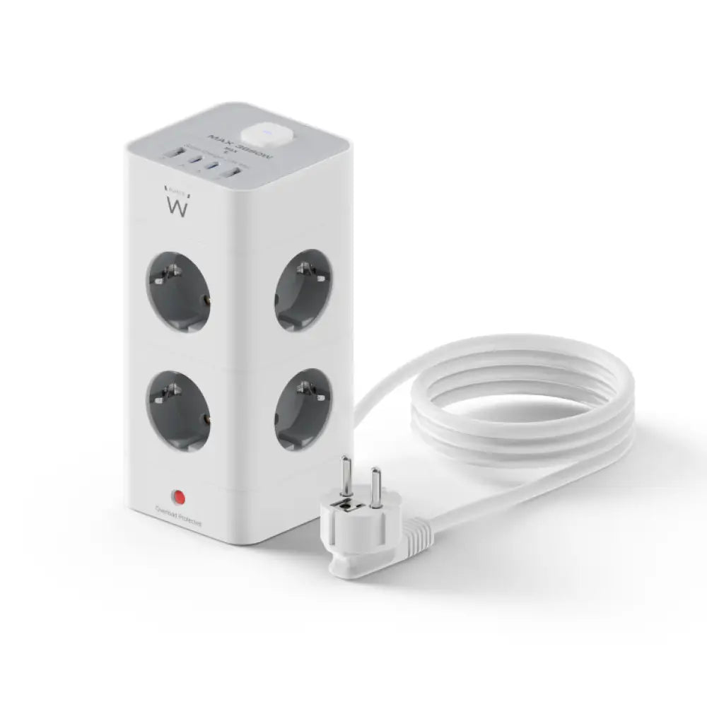 Regleta Ewent EW3864 con 8 tomas de corriente, 2 puertos USB-A y 2 USB-C, base múltiple gris para uso interior.
