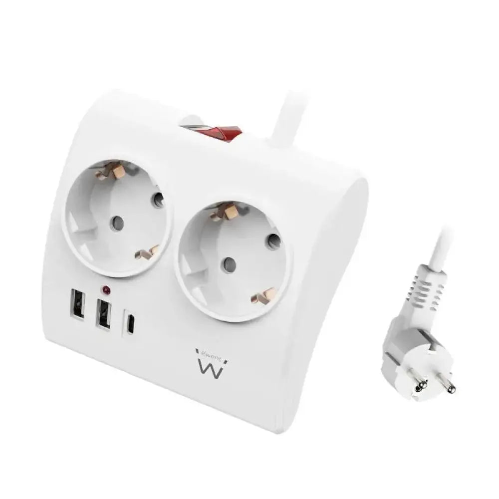 EWENT EW3870 Regleta 2  Shucko 2 Usb-A 1 Usb-C Bl. - detalle