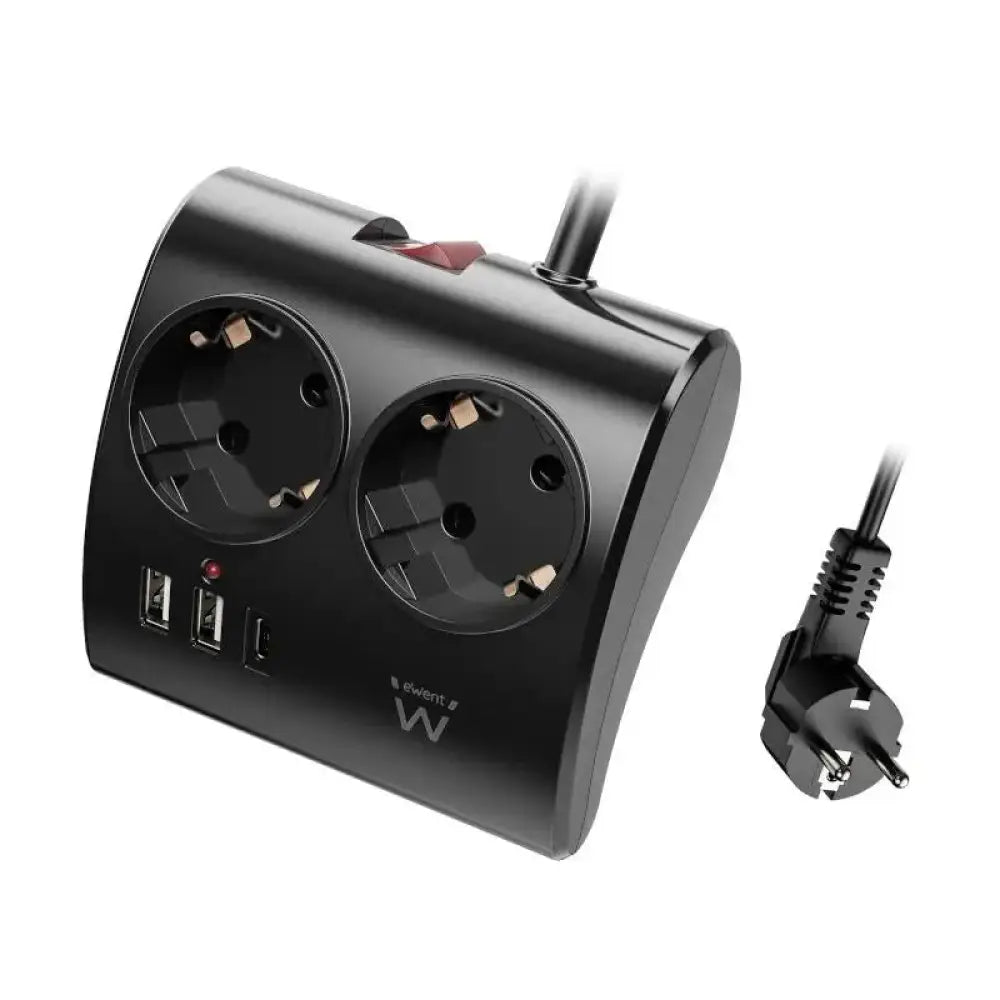 EWENT EW3871 Regleta 2  Shucko 2 Usb-A 1 Usb-C Neg - detalle